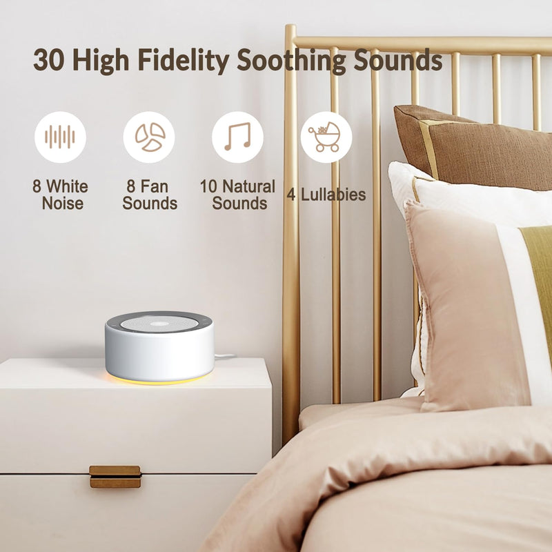 White noise machine with 30 high-fidelity soundtracks, 7 colors night lights, full-touch cloth grid and buttons, timer and memory functions, plug-in, sound machine for babies, adults (white) White - NewNest Australia