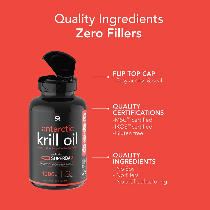 Antarctic Krill Oil 1000mg (Per Softgel) with Omega-3s EPA & DHA + Astaxanthin & Phospholipids | IKOS 5-Star Certified & Non-GMO Verified (30 Liquid softgels) 30 Count 1,000mg - NewNest Australia
