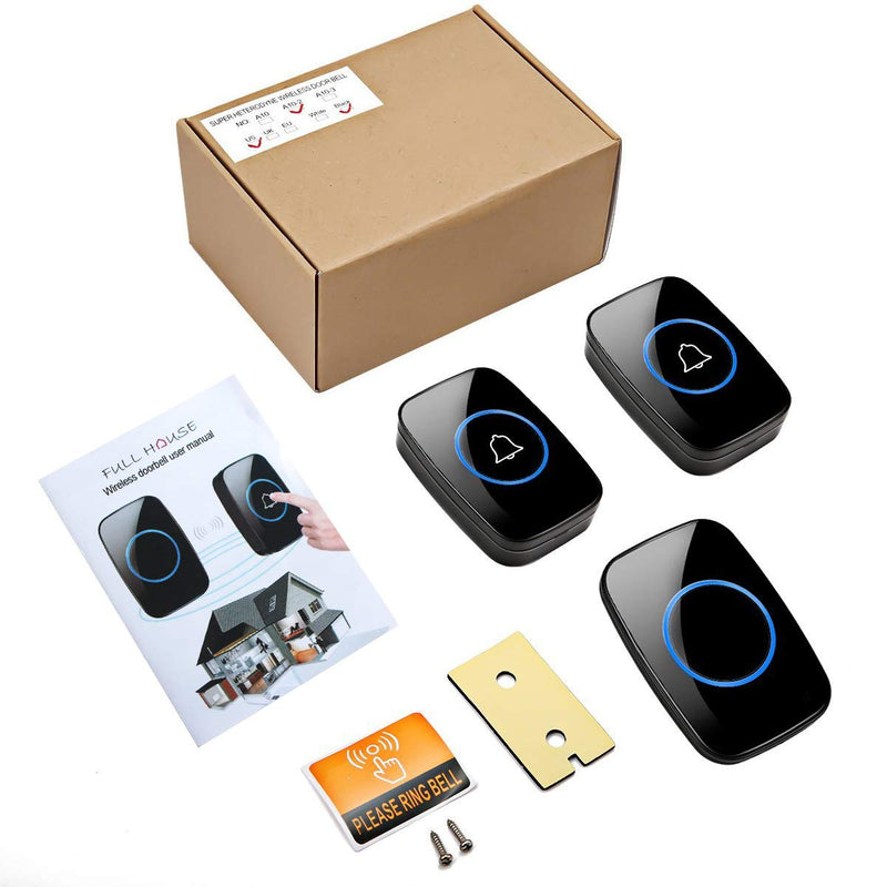 Wireless Doorbell, Waterproof Door Bell Kit, Distinguish front and rear doors, Over 1000 feet Range and 60 Chime, 5 Levels Volume and LED Flash, for Home Office Classroom 2 Push Button + 1 Plug-In Receiver Black - NewNest Australia