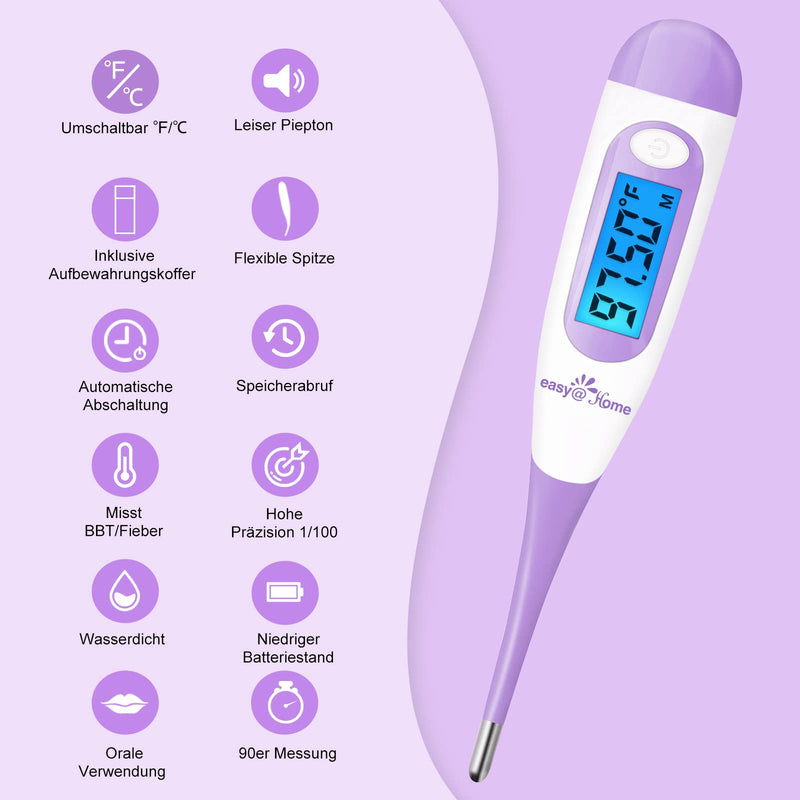Basal thermometer fertility thermometer for cycle control and ovulation tracking with Premom APP, digital thermometer with blue backlight LCD display purple - NewNest Australia