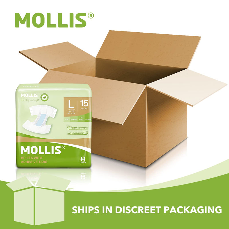 Mollis Adult Nappies Nappy Pants For Men And Women, Incontinence Briefs With Tabs, Maximum Absorbency, Leak Protection Overnight, Unisex, Size Large (Pack Of 15) - NewNest Australia