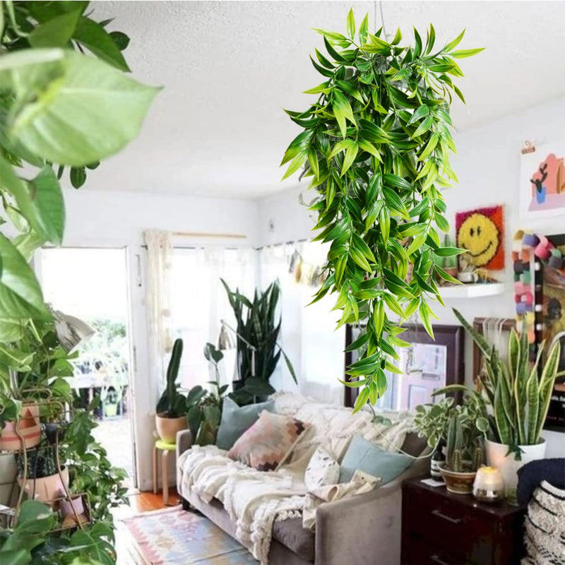 Artificial Hanging Plants Fake Bamboo Leaves Plants Faux Hanging Plants for Patio Porch Outdoor Plants Decor (2 Pcs) Green 2 - NewNest Australia