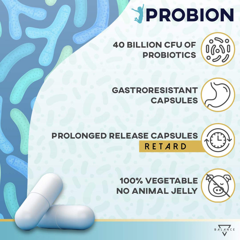 PROBION® | Probiotics intestinal cleansing | Probiotics capsules | 40 billion CFU | Lactobacillus, Bifidobacterium + Enzi-Mix + Vitamins + Bamboo and Chamomile to eliminate intestinal gas | 30 capsules retard - NewNest Australia
