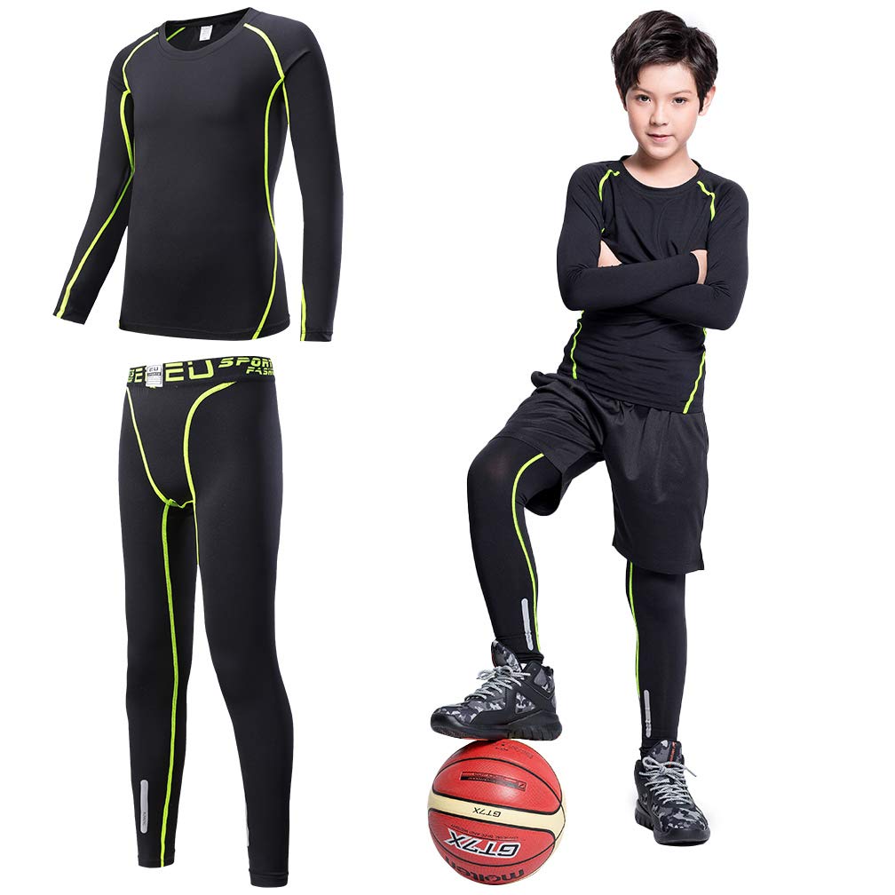  2/3/4 Pcs Boys Girls Base Layer Athletic Compression Leggings  And Shirts Thermal Underwear Set Running Pants Tights