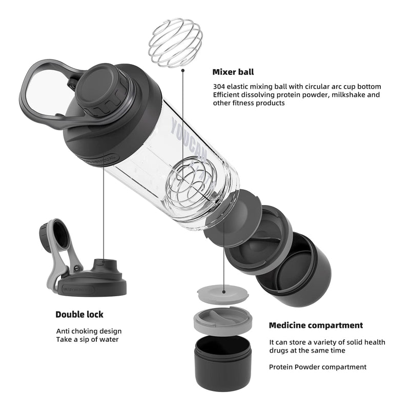 YOUCAN PLATO Shaker Protein Shaker, Protein, Protein Shaker with Powder Compartment and Ball, Shake Cup, Fitness, Shake Cup, Bottle Dishwasher Safe, BPA Free, with Tritan, 620ML Black Black 1 - NewNest Australia