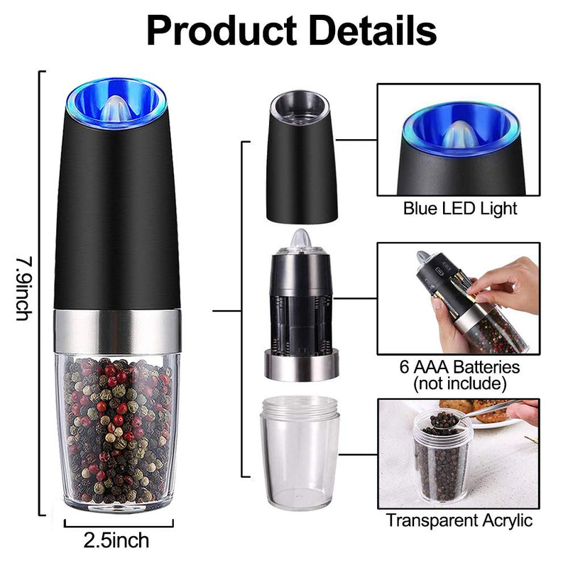 NewNest Australia - Gravity Electric Pepper Grinder, Salt or Pepper Mill & Adjustable Coarseness, Battery Powered with LED Light, One Hand Automatic Operation, Stainless Steel (Black) Single / Black 