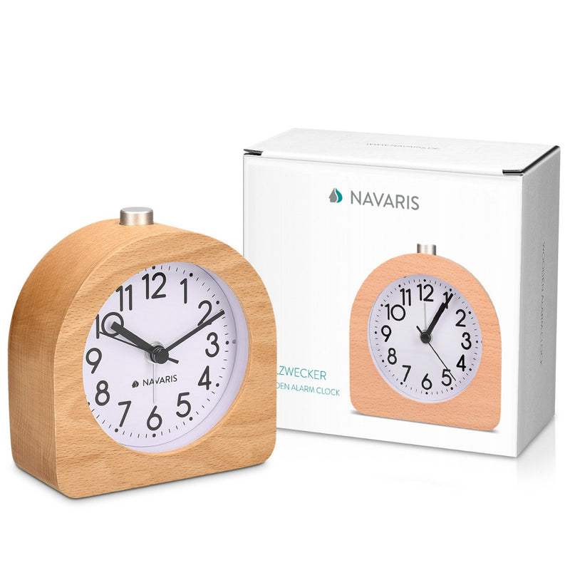NewNest Australia - Navaris Wood Analog Alarm Clock - Half-Round Battery-Operated Non-Ticking Clock with Snooze Button and Light - Light Brown 