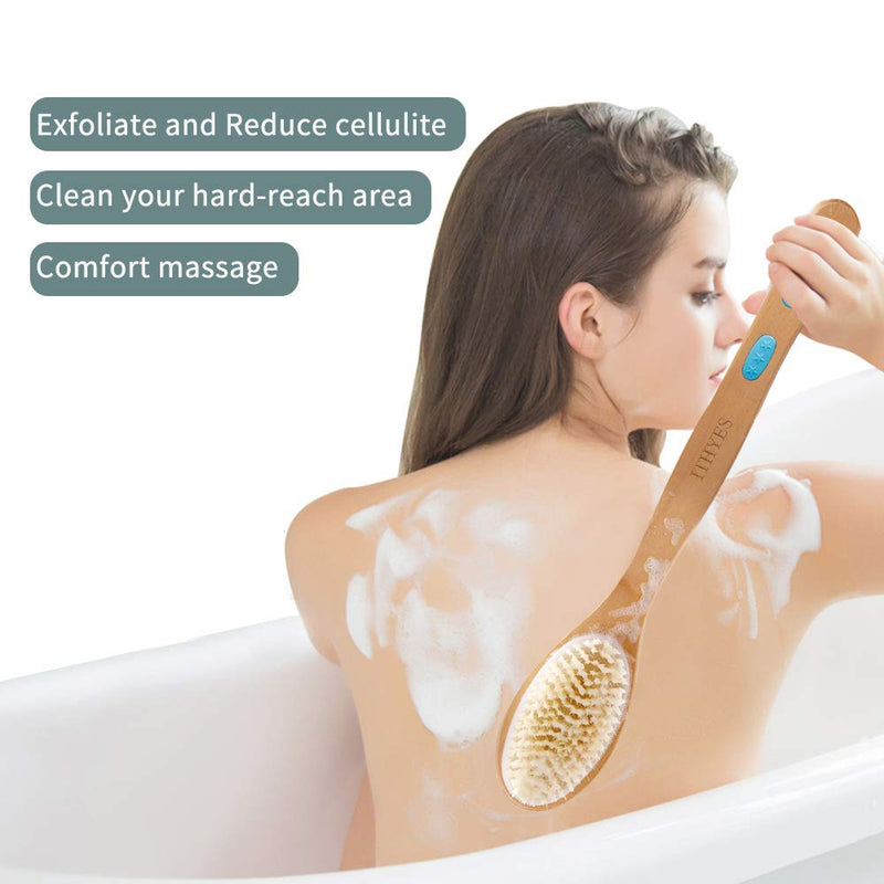 Ithyes Shower Brush with Soft and Stiff Bristles Body Brush Dry Brushing Back Scrubber Bath Brush Wood Long Handle Natural Bristles exfoliating Massage Double-sided Brush Head for Wet/Dry,Loofah Pad - NewNest Australia