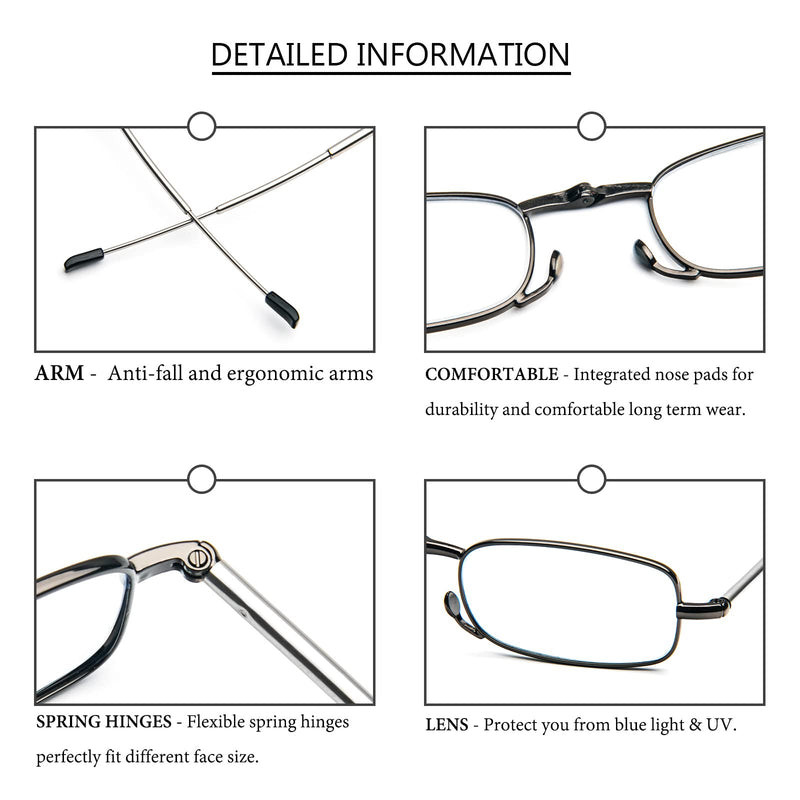 KoKoBin Foldable Reading Glasses Made of Stainless Steel Mini Anti-Blue Vision Aid for Men and Women Reading Aid with Hard Case (Grey, +1.5) Gray +1.5 - NewNest Australia
