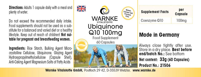Coenzyme Q10 100mg - CoQ10 capsules - high dose - ubiquinone - 60 capsules - vegan | Warnke vital substances - NewNest Australia