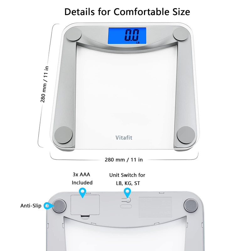 Vitafit Digital Bathroom Scales, Commitment In High Precision Technology For Body Scales Over 20 Years, Weight Scales With Extra Large Lcd Display, 180 Kg, Clear Glass - NewNest Australia