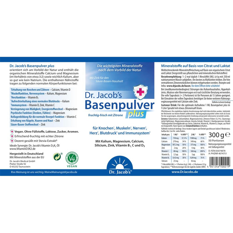 Dr Jacob's base powder plus with real lemon I for muscles¹, bones², heart³ and blood pressure⁴ I potassium calcium magnesium zinc I vitamin CD B1 I also for diets I 300 g base powder vegan - NewNest Australia