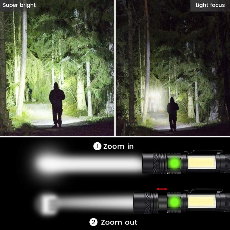 Rechargeable Flashlight,[New Edition LED Flashlight with Red Cob Strobe Light] Mini Small Maglite Flashlights with High Lumens,Waterproof,Zoomable,6 Modes for Hiking,Camping,Emergency(2 Pack） - NewNest Australia