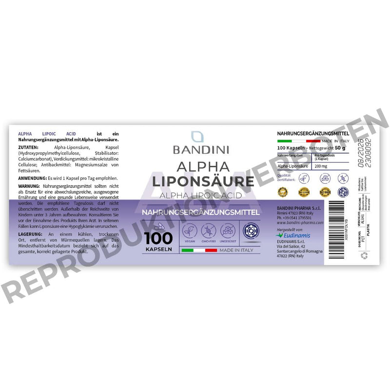 Bandini® ALA Alpha Lipoic Acid 200mg | 100 capsules | Antioxidant Alpha Lipoic Acid | Support for the circulatory system, liver, nervous system | Highly dosed, vegan, laboratory tested, bioavailable, GMO-free - NewNest Australia