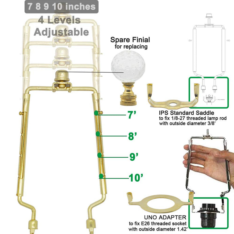 7 8 9 10 inch Lamp Shade Harp Holder,Adjustable Gold Lamp Harp Fits both E26 Light Base UNO Fitter Adapter and Saddle Base,Brass Color UNO Fitter Adapter Finial Set - NewNest Australia
