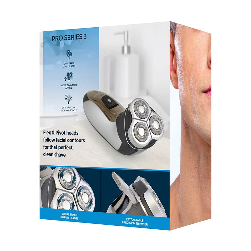 Paul Anthony Pro Series 3 Titanium Mens Cordless Rotary Shaver / 3 Titanium Steel Flexible Heads / 40 Minute Usage / Washable Head / Comfortable Rubberised Grip - Silver / Black - H5010BK Rotary Shaver Pro - NewNest Australia