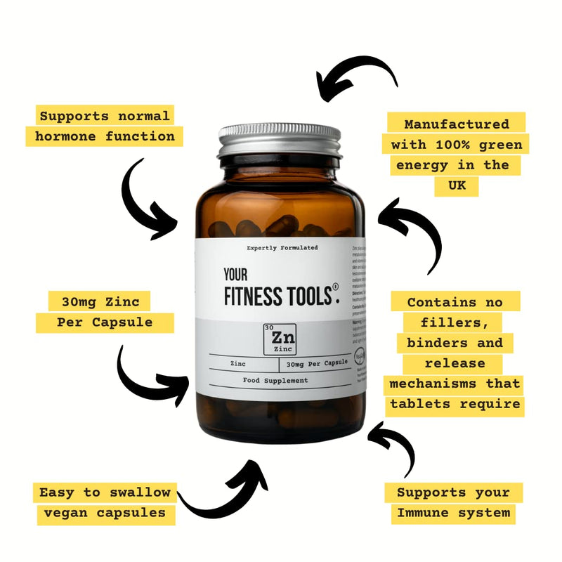 Zinc Citrate 30mg - 120 x Vegan Capsules - Zinc Supplement to Support Immune System, Hair Growth, Skin, Bones, Nails - Made in The UK by Your Fitness Tools - NewNest Australia