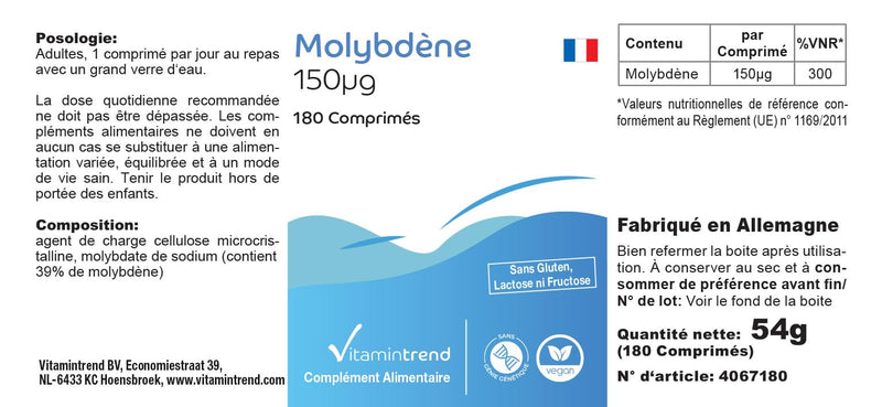 Molybdenum 150mcg - 180 tablets - ! FOR 6 MONTHS ! - vegan - essential trace element | Vitamintrend® - NewNest Australia