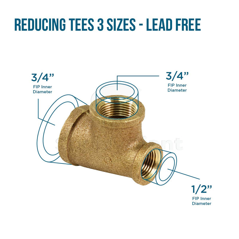 Supply Giant CSSU0344 1/2 in. x 3/4 in. Lead Free Reducing Tee Three Size with Female Threaded Connections Ends, Brass Construction, Higher Corrosion Resistance Economical & Easy to Install, 11 - NewNest Australia