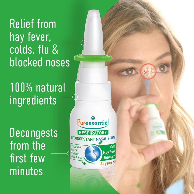 Puressentiel Respiratory Decongestant Nasal Spray 15ml - Cold & Flu - Hayfever & Blocked Nose Relief - Instant Action - 100% Natural & Organic Essential Oils - Sea Water - Suitable for 3y+ - NewNest Australia