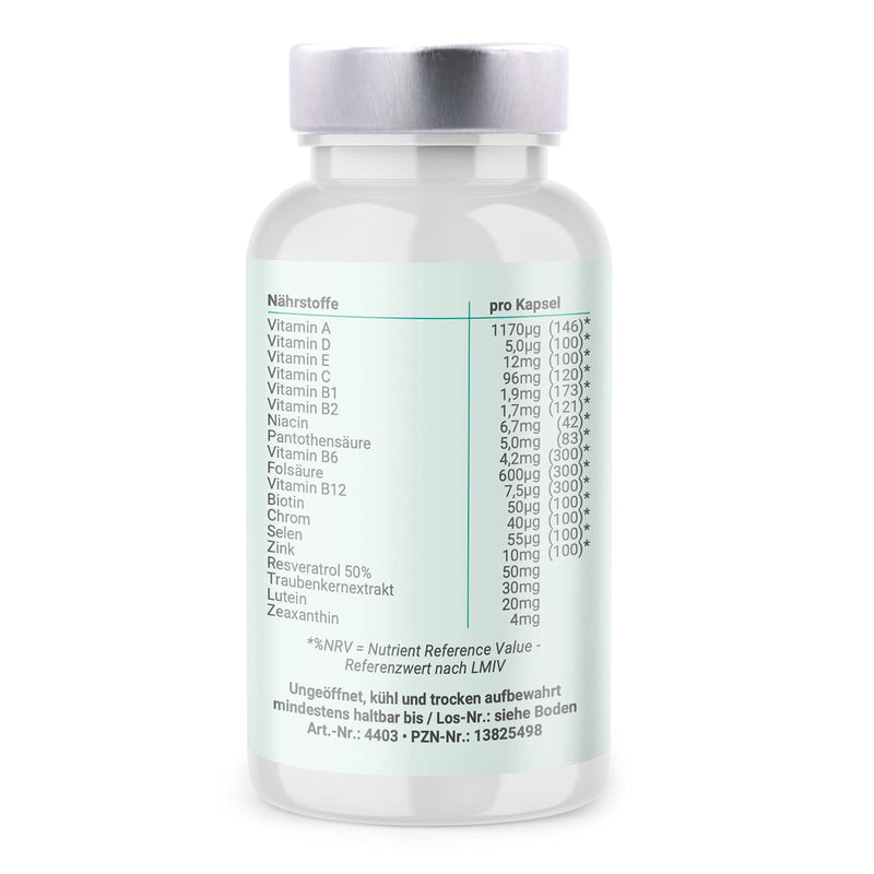Auvital - 90 capsules | Dietary supplement: With vitamin A, vitamin B2 (riboflavin) & zinc to maintain normal vision | 20mg lutein | 50 mg resveratrol | 4mg zeaxanthin - NewNest Australia