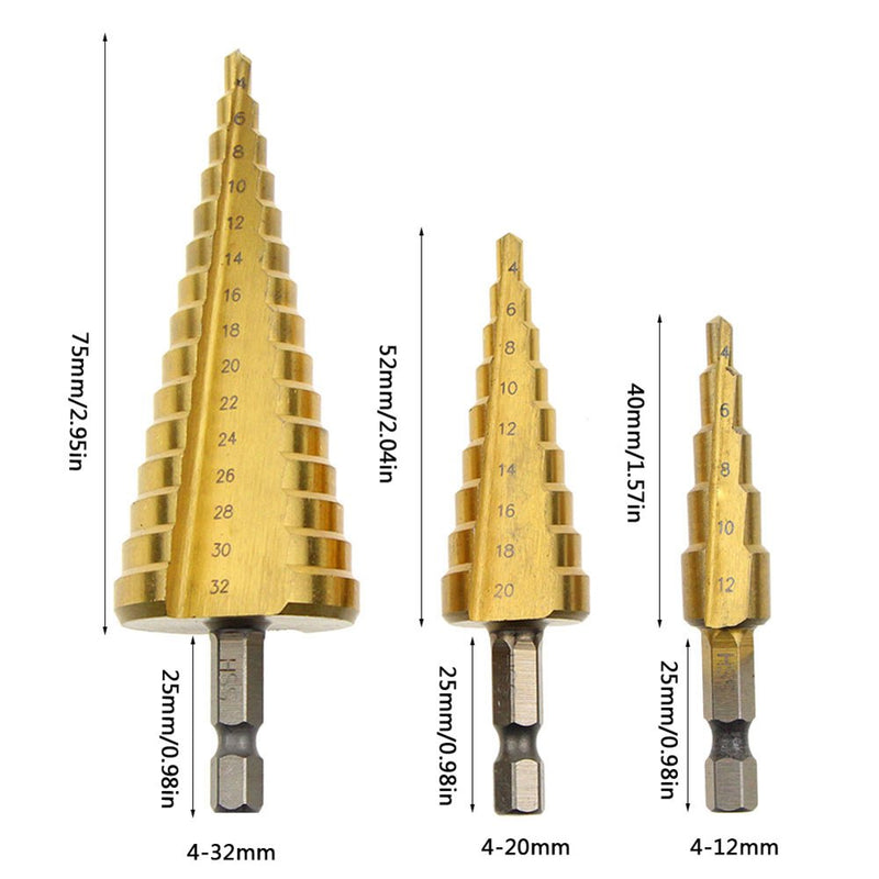 3Pcs High-Speed Steel Step Drill Bit Set, LepoHome Cone Titanium Coated Metal Hole Cutter 1/4" Hex Shank Drive Quick Change 4-12mm/4-20mm/4-32mm - NewNest Australia