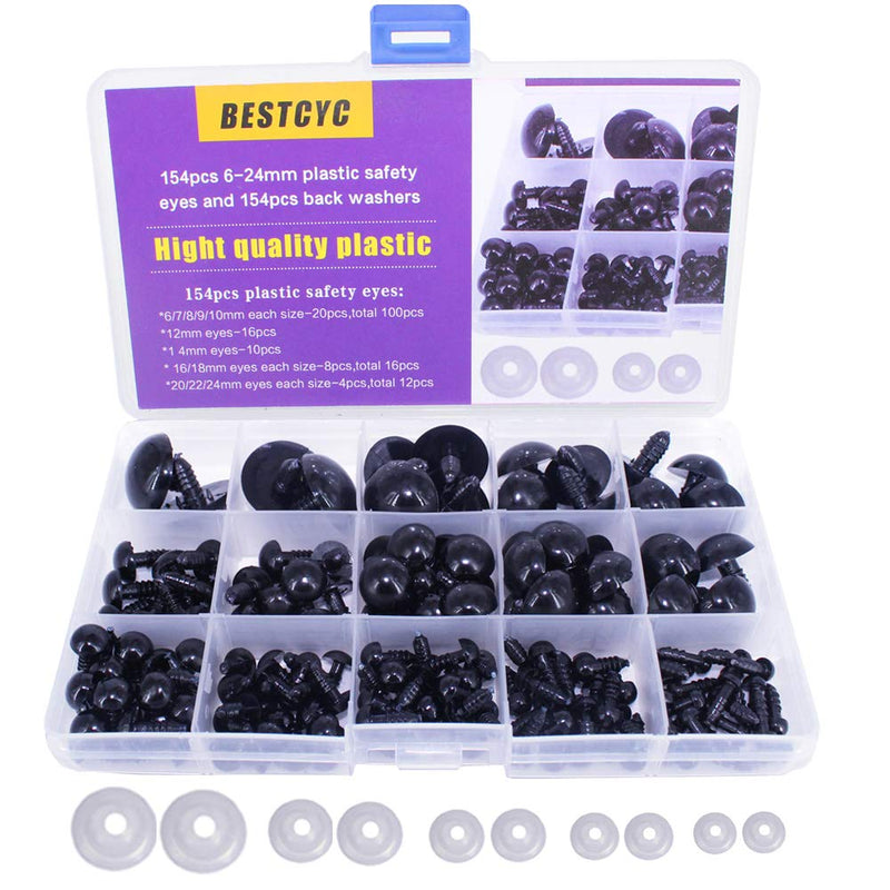 BESTCYC 1box(154pcs) 6/7/8/9/10/12/14/16/18/20/22/24mm Black Solid Plastic Safety Eyes Craft Safety Eyes DIY Eyes with Washers for Teddy Bear Doll Plush Animal Puppet Crafts #1Style - NewNest Australia