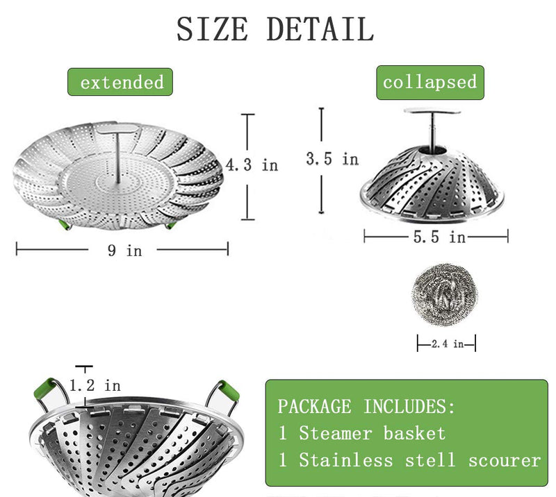 Steamer Basket, Veggie Steamer Basket for Cooking Stainless Steel Folding Vegetable Steamer Insert with Extending Removable Center Handle Expandable to Fit Various Size Pot(5.5" to 9") 5.5'' to 9'' - NewNest Australia