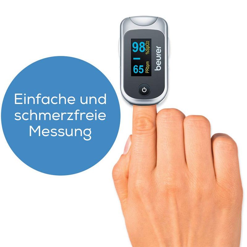 Beurer PO 40 pulse oximeter, measurement of oxygen saturation (SpO₂), heart rate (pulse) and perfusion index (PI), painless use, color display, gray single - NewNest Australia