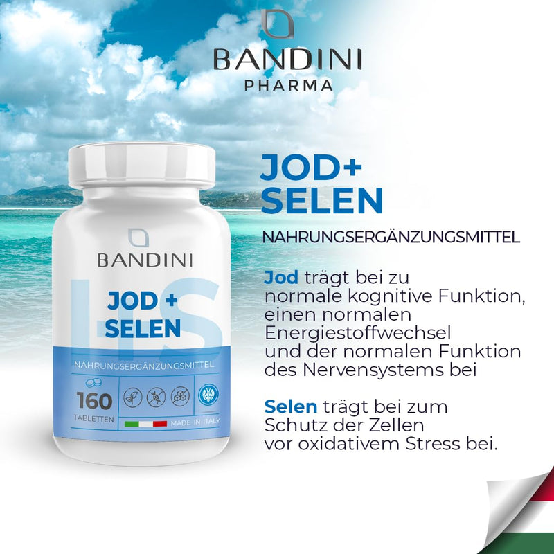 Bandini® Iodine + Selenium | 160 tablets each with 225µg potassium iodide + 100µg selenium L-methionine | Hair, skin, nails, thyroid | Laboratory tested, high dosage, vegan, GMO-free, no additives - NewNest Australia