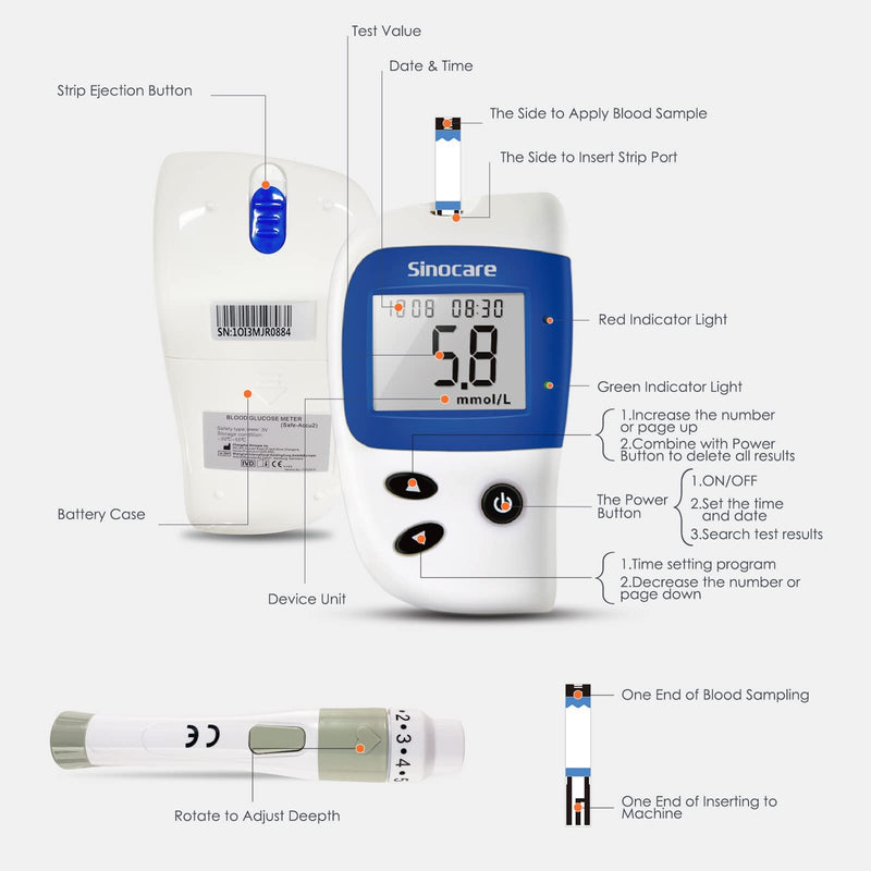 sinocare Diabetes Testing Kit/Blood Sugar Monitor Safe Accu2 /Blood Glucose Monitor with Light Warning, with Strips x 100 & Lancing Devices x 100 & Case for UK Diabetics -in mmol/L safe-accu2 kit-100 - NewNest Australia