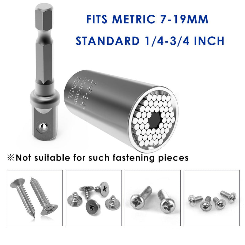 Universal Socket,BLENDX 1/4"-3/4" (7mm to19mm) Ratchet Universal Socket Set with Wrench Power Drill Adapter - Best Tool Present for Handyman Men Husband Father Boyfriend Him (Silver) 1/4"-3/4" - NewNest Australia