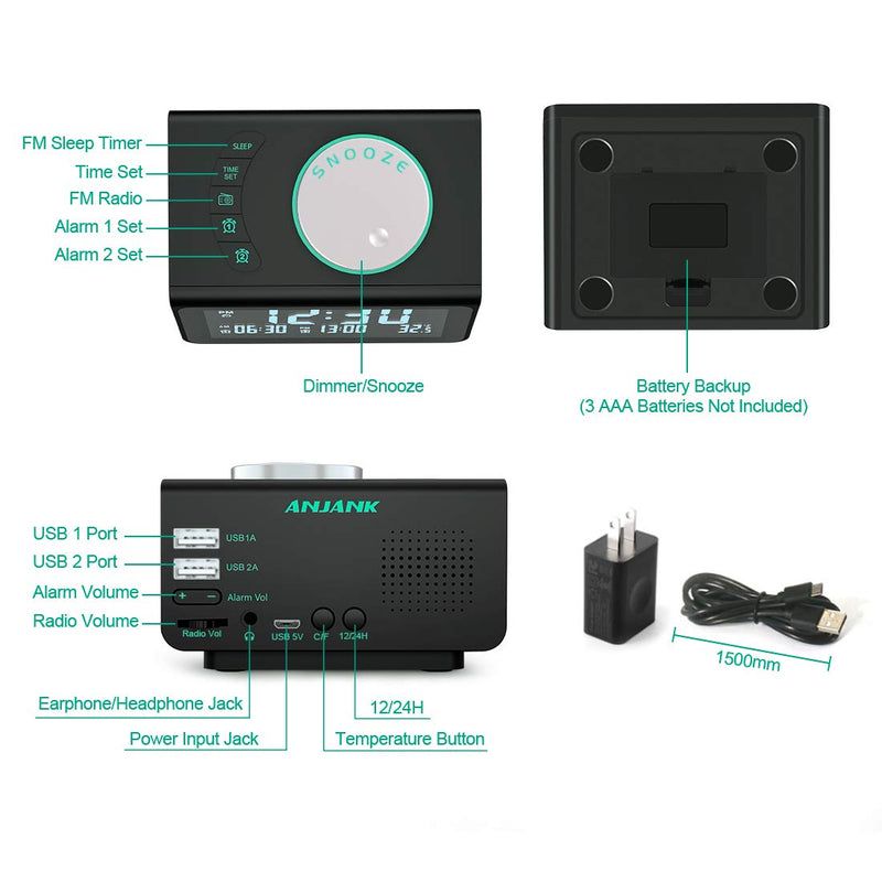 NewNest Australia - ANJANK Small Digital Alarm Clock Radio - FM Radio,Dual USB Charging Ports,Dual Alarms with 7 Alarm Sounds,Adjustable Volume,Temperature,5 Level Brightness Dimmer,Battery Backup,Bedrooms Sleep Timer 