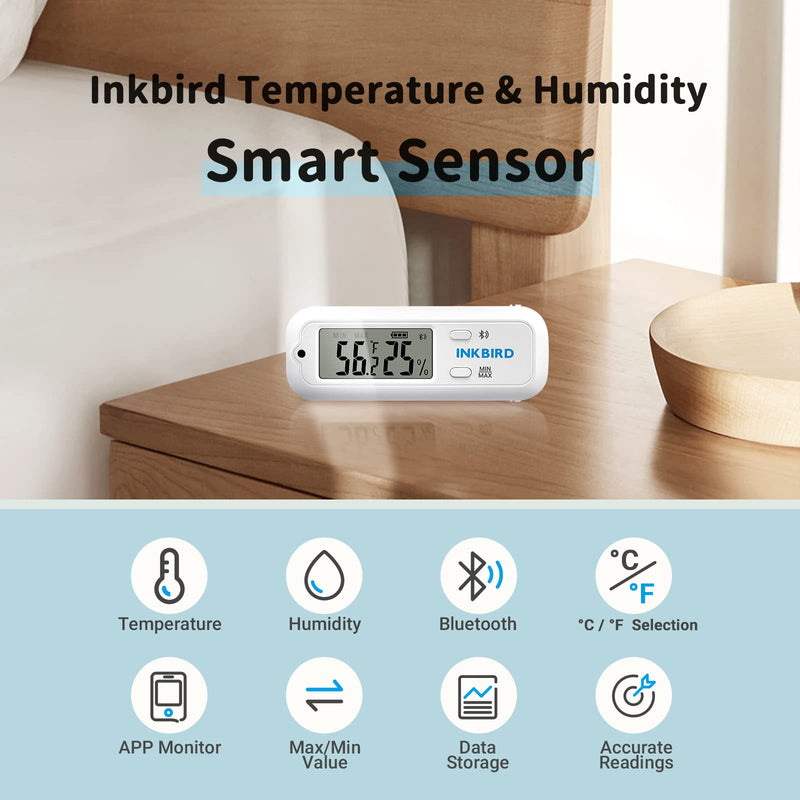 Inkbird Mini Digital Thermometer and Hygrometer, Temperature Humidity Bluetooth Smart Sensor, for Guitar Humidor Mason Jar Incubators White & Bluetooth - NewNest Australia
