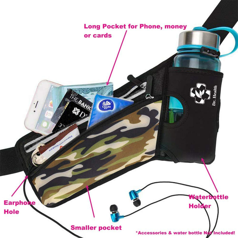 Running Belt Sport Waist Pack/Pouch w/ Water Bottle Holder Hydration Fanny Pack Reflective Stripes Cellphone Storage Earphone hole for Dog walker Hiking Travel Adjustable Women/Men (Black/Camouflage) Black/Camouflage - NewNest Australia