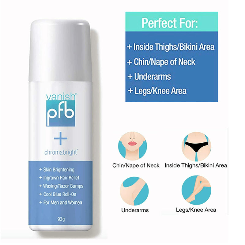 PFB Vanish Razor Bump Stopper Skin Care Treatment with Chromabright Dark Spot Remover, Roll On Formula Treats Ingrown Hairs and Razor Burns - 93g - NewNest Australia