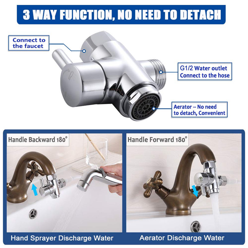 Brass Faucet Diverter Valve with Aerator, Faucet Adapter for Sink Hose Attachment, 3 Way Faucet Splitter with Male Thread Adapter, Faucet Connector for Bathroom/Kitchen(Chrome) Regular - NewNest Australia