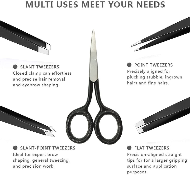 Aftren Professional Stainless Steel Eyebrow Tweezers Set, Best Precision Tweezers For Eyebrow Plucking, Facial Hair And Blackhead Ingrown Hair Remover (Black) - NewNest Australia