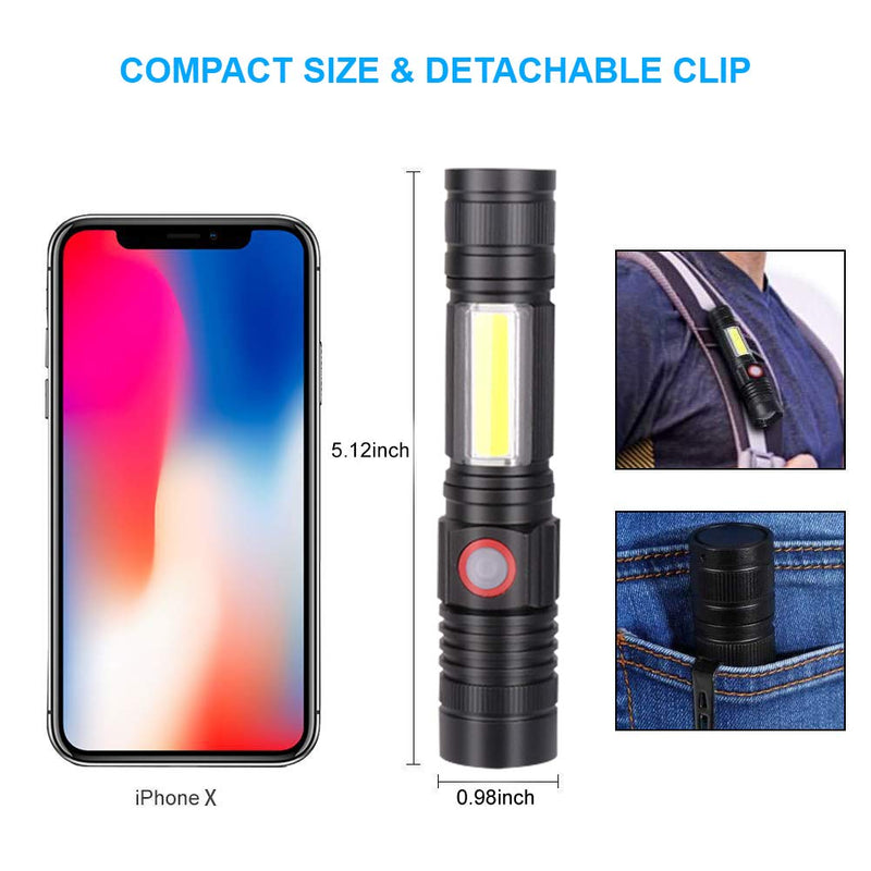 Rechargeable Flashlight, Magnetic Flashlight（with 18650 Battery), Super Bright Pocket-Sized COB Work Light T6 LED Torch with Clip, Zoomable, Water Resistant, 4 Modes for Camping Hiking 2 Pack - NewNest Australia