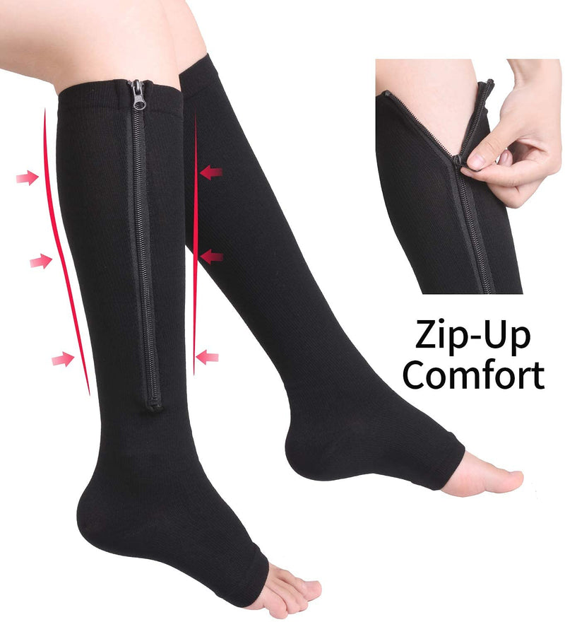Bropite Zipper Compression Socks - 2Pairs Calf Knee High Stocking - Open Toe Compression Socks for Walking，Runnng，and Sports A - Black Small-Medium - NewNest Australia