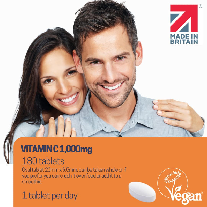 Vitamin C 1000mg - 180 Premium Vegan Tablets - 6 Month Supply - High Strength Ascorbic Acid - for Normal Immune System - Made in The UK by Northumbria Health - NewNest Australia