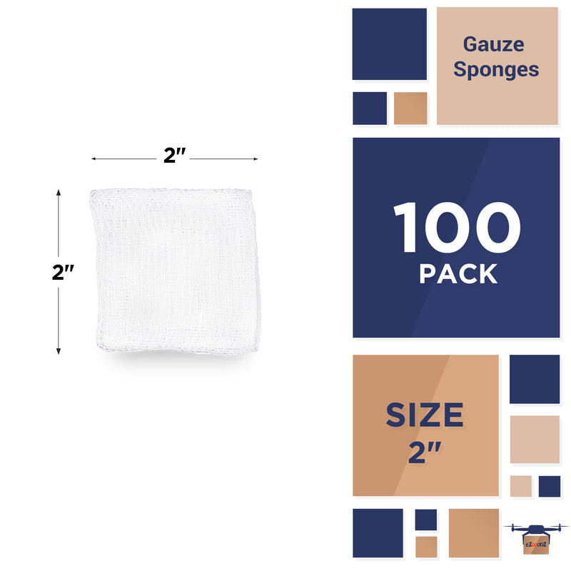 EZGOODZ Cotton Woven Gauze Sponges Pack of 100, Disposable Anti Stick Gauze Dressings 2” x 2”, Individually Packaged 12-Ply Non Sterile Gauze Pads, Non Sterile Gauze Squares Individually Wrapped 2" x 2" / 100 Pack - NewNest Australia