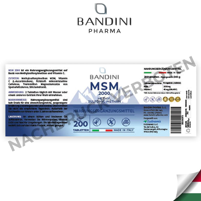 Bandini® MSM 2000mg + VITAMIN C | 200 tablets | More compact MSM powder than capsules, without magnesium stearate | Highly dosed, vegan, GMO-free, no additives, laboratory tested - NewNest Australia