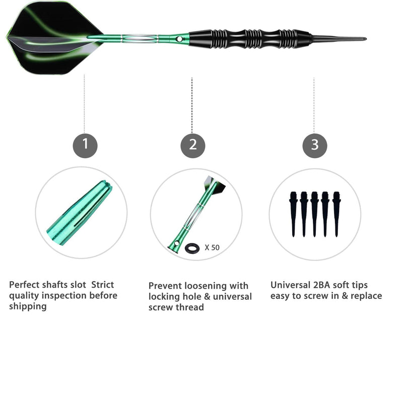 sanfeng Professional Soft Tip Darts Set 20 Grams - 50 Rubber O-Rings + 30 Darts Plastic Tip + Aluminum Shafts + 6 Standard Flights + Portable Case for Electronic Dart Board GREEN - NewNest Australia