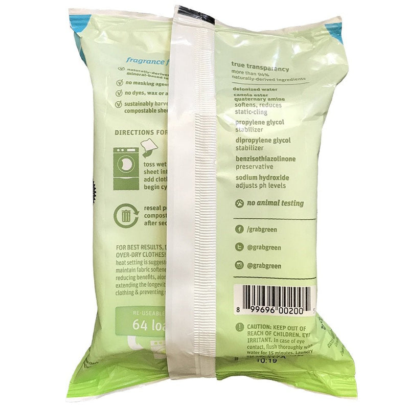 Grab Green Natural Wet Dryer Sheets, Unscented/Free & Clear, Fabric Softener & Static-Reducer, 64 Loads, Reusable & Compostable, Fragrance Free Wet Sheets-Fragrance Free 32 Count (Pack of 1) - NewNest Australia