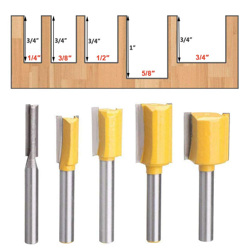 Bestgle Set of 5 Piece Straight Dado Router Bit Set Carbide Wood Milling Cutter Woodworking Tools, Cutting Diameter 1/4",3/8",1/2",5/8",3/4", 1/4-Inch Shank(Yellow) Yellow - NewNest Australia