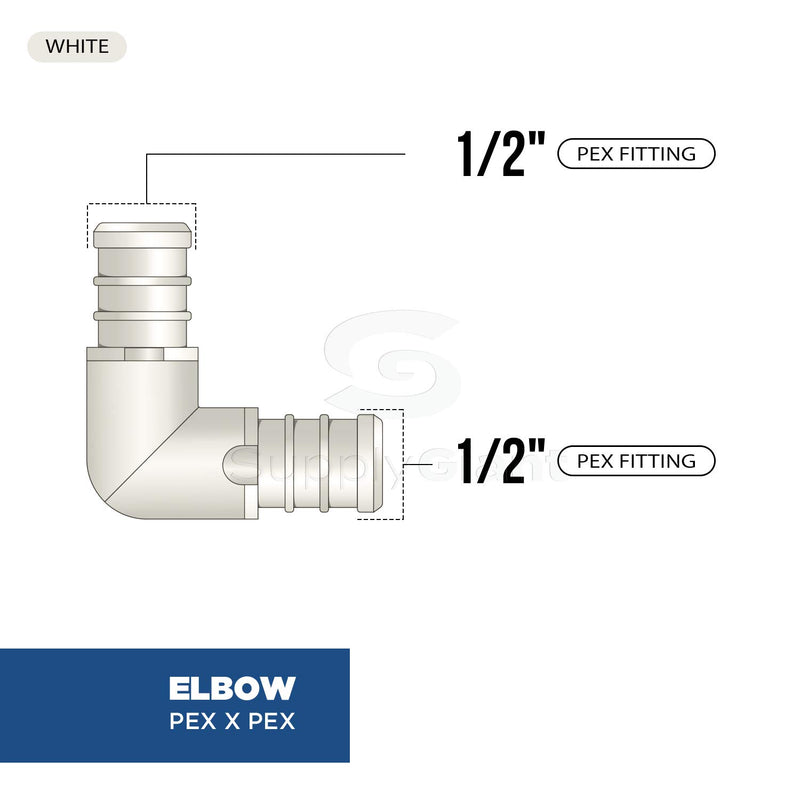 Supply Giant QQMO0012-5 Plastic PEX Poly Alloy 90 Degree Elbow Barb Pipe Fitting, 1/2'', White, 5 Pack - NewNest Australia