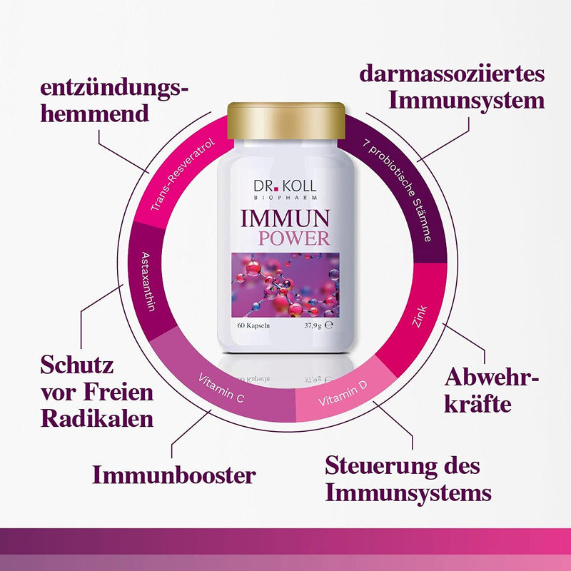 Immune Power Dr. Koll - Dietary Supplement With Bacterial Strains, Rose Hip Fruit Extract, Astaxanthin, Zinc And Vitamins | For A Strong Immune System | Without Gelatine | 60 Capsules - NewNest Australia