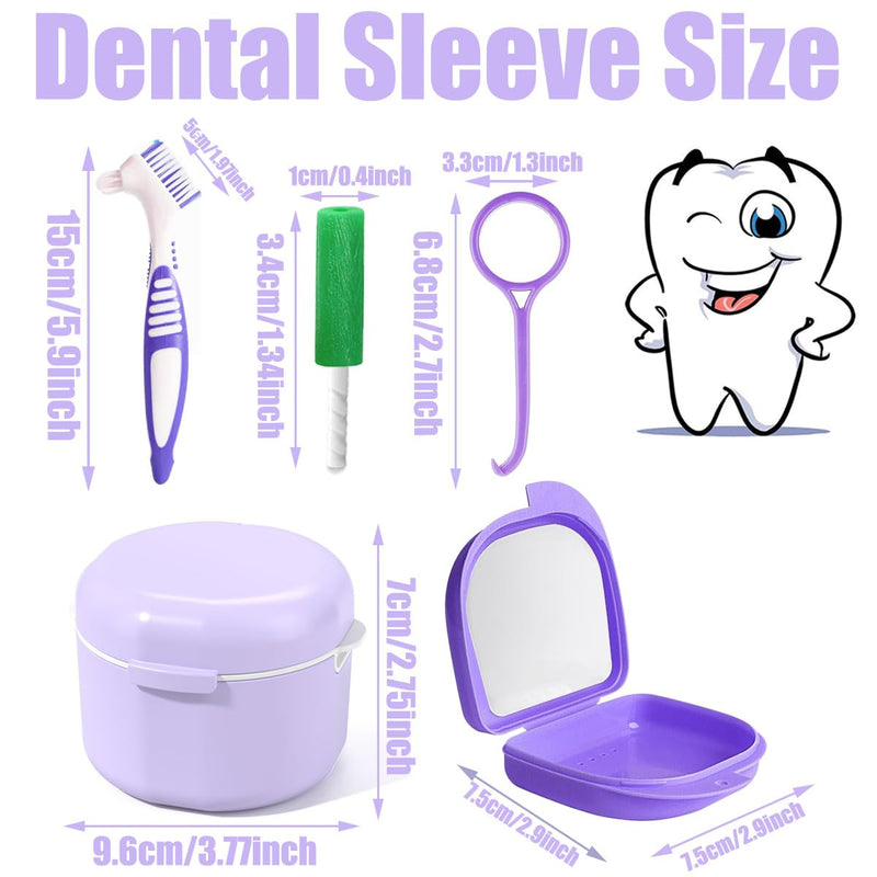Denture Brush Set, Denture Container, Denture Bath Box, Denture Box With Mirror, With 2 X Aligner Removal Tools For Braces Or Dentures, Cleaning And Storing For Travel, Purple - NewNest Australia