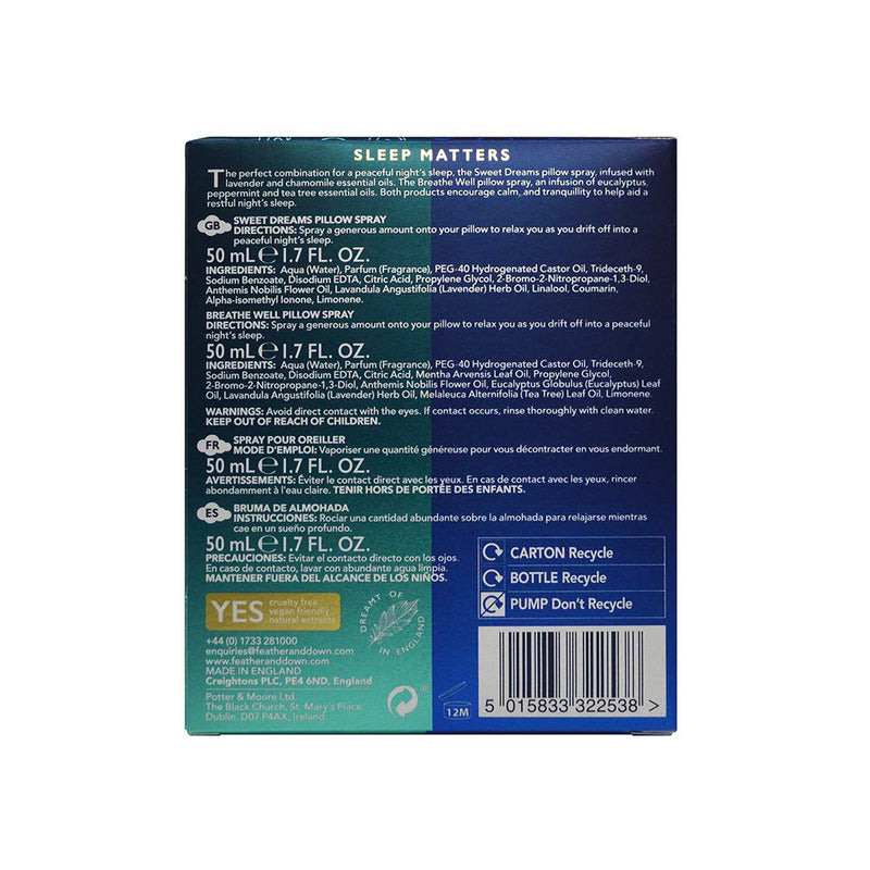 Feather & Down Sweet Dreams Pillow Spray Duo Gift Set (50ml x 2) - Contains Sweet Dreams & Breathe Well Pillow Sprays. Vegan Friendly & Cruelty Free. Made in England. - NewNest Australia